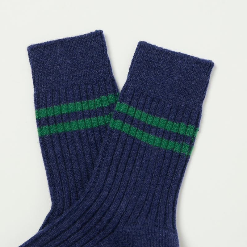 RoToTo Merino Lambs Wool Stripe Sock - Navy Blue/Green