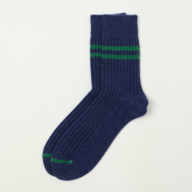 RoToTo Merino Lambs Wool Stripe Sock - Navy Blue/Green