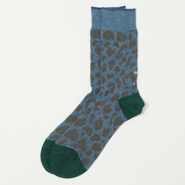 RoToTo Organic Cotton & Recycled Polyester 'Leopard' Crew Sock - Light Blue/Dark Green