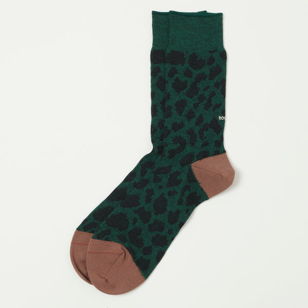 RoToTo Organic Cotton & Recycled Polyester 'Leopard' Crew Sock - Dark Green/Brown
