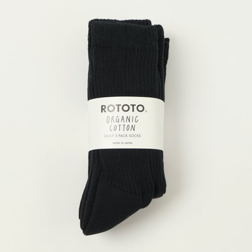 Rototo Organic Daily 3 Pack Crew Socks - Black