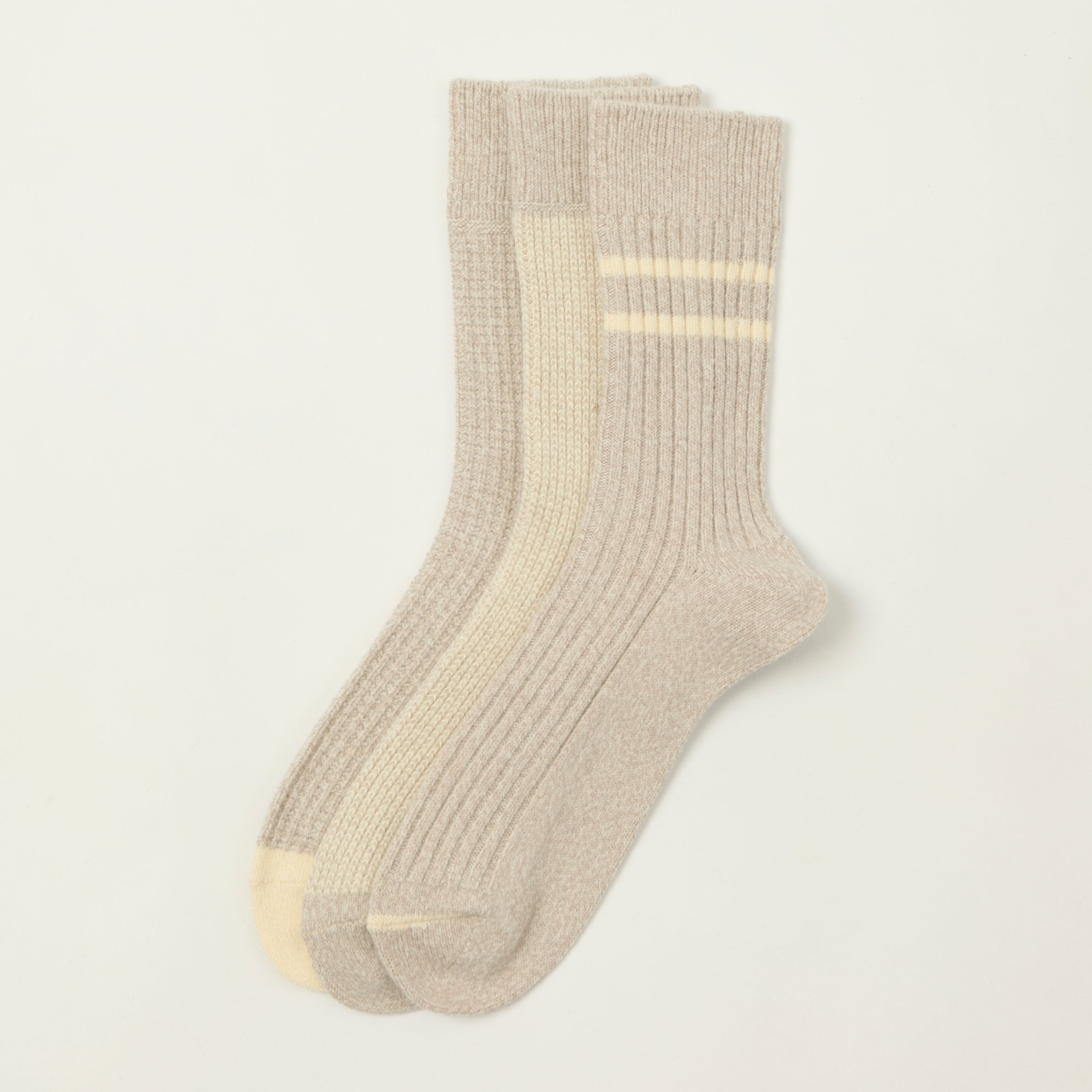 Rototo Recycled Cotton/Wool Daily 3 Pack Socks - Off White/Grey