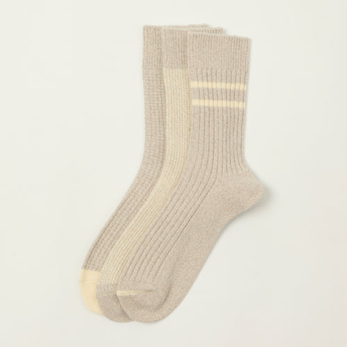 Rototo Recycled Cotton/Wool Daily 3 Pack Socks - Off White/Grey