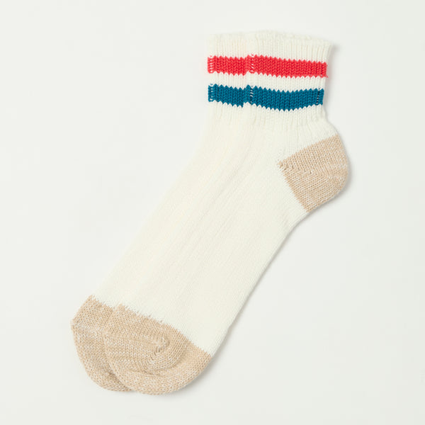 RoToTo Old School Ribbed Ankle Sock - White/Light Red/Mid Blue