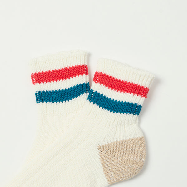 RoToTo Old School Ribbed Ankle Sock - White/Light Red/Mid Blue