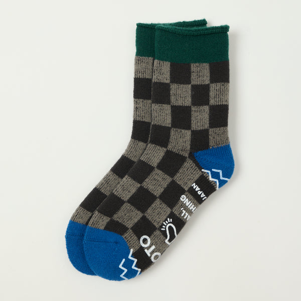 RoToTo 'Checkerboard' Pile Room Sock - Dark Green/Blue