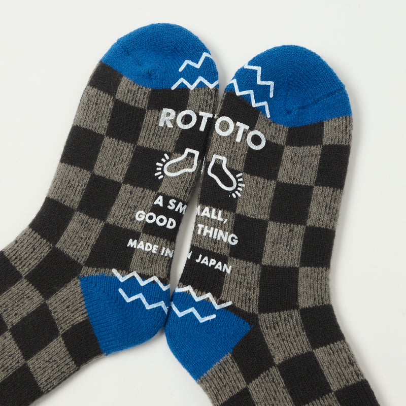 RoToTo 'Checkerboard' Pile Room Sock - Dark Green/Blue