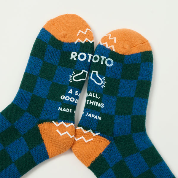 RoToTo 'Checkerboard' Pile Room Sock - Dark Green/Blue