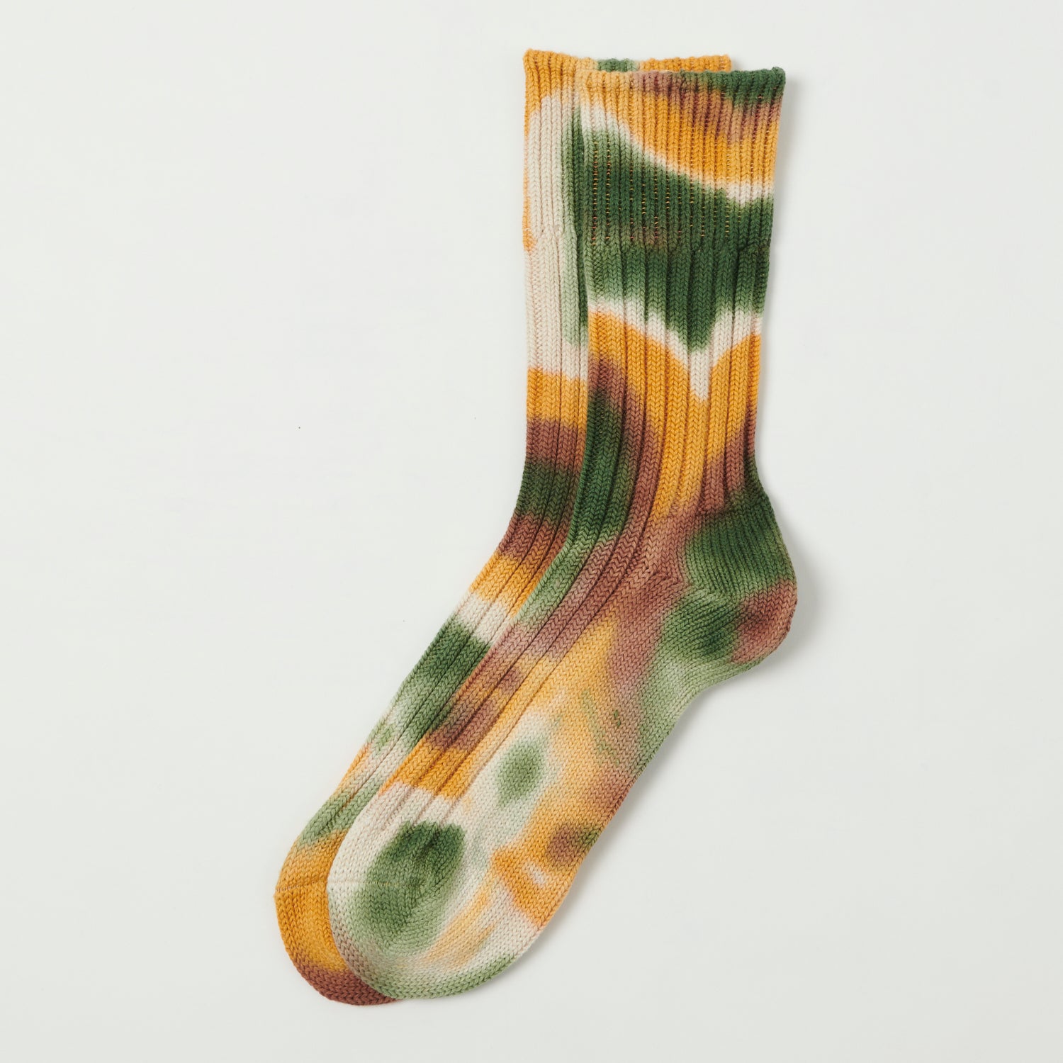 RoToTo Tie Dye Chunky Ribbed Crew Sock - Green/Gold/Brown