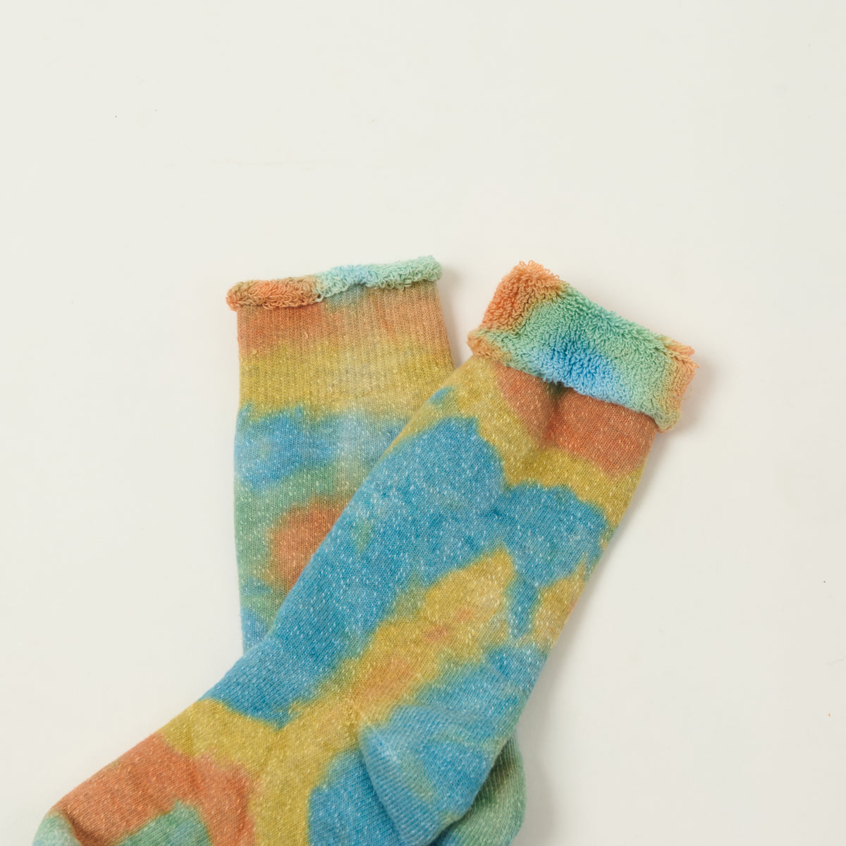 Rototo Tie Dye Pile Socks - Orange/Light Blue/Light Yellow