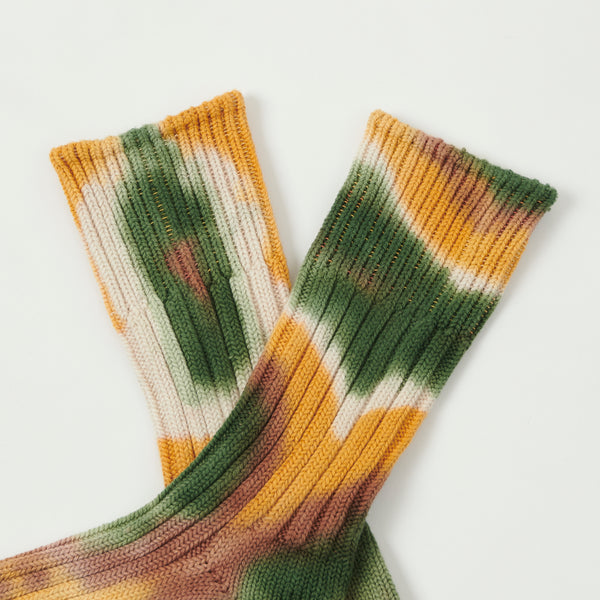RoToTo 'Tie Dye' Chunky Ribbed Crew Sock - Green/Gold/Brown