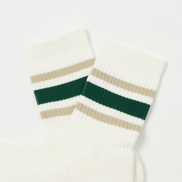 RoToTo Washi Cushion Stripe Crew Sock - Beige/Green