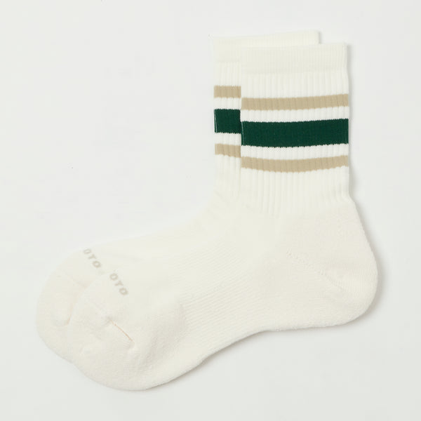 RoToTo Washi Cushion Stripe Crew Sock - Beige/Green
