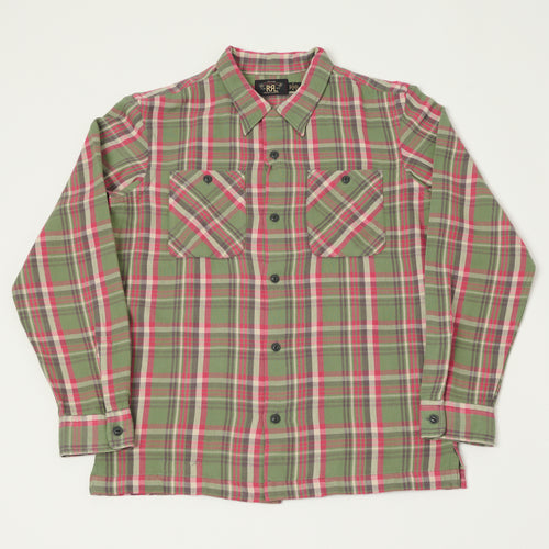 RRL Plaid Twill Camp Collar Shirt- Green/Pink