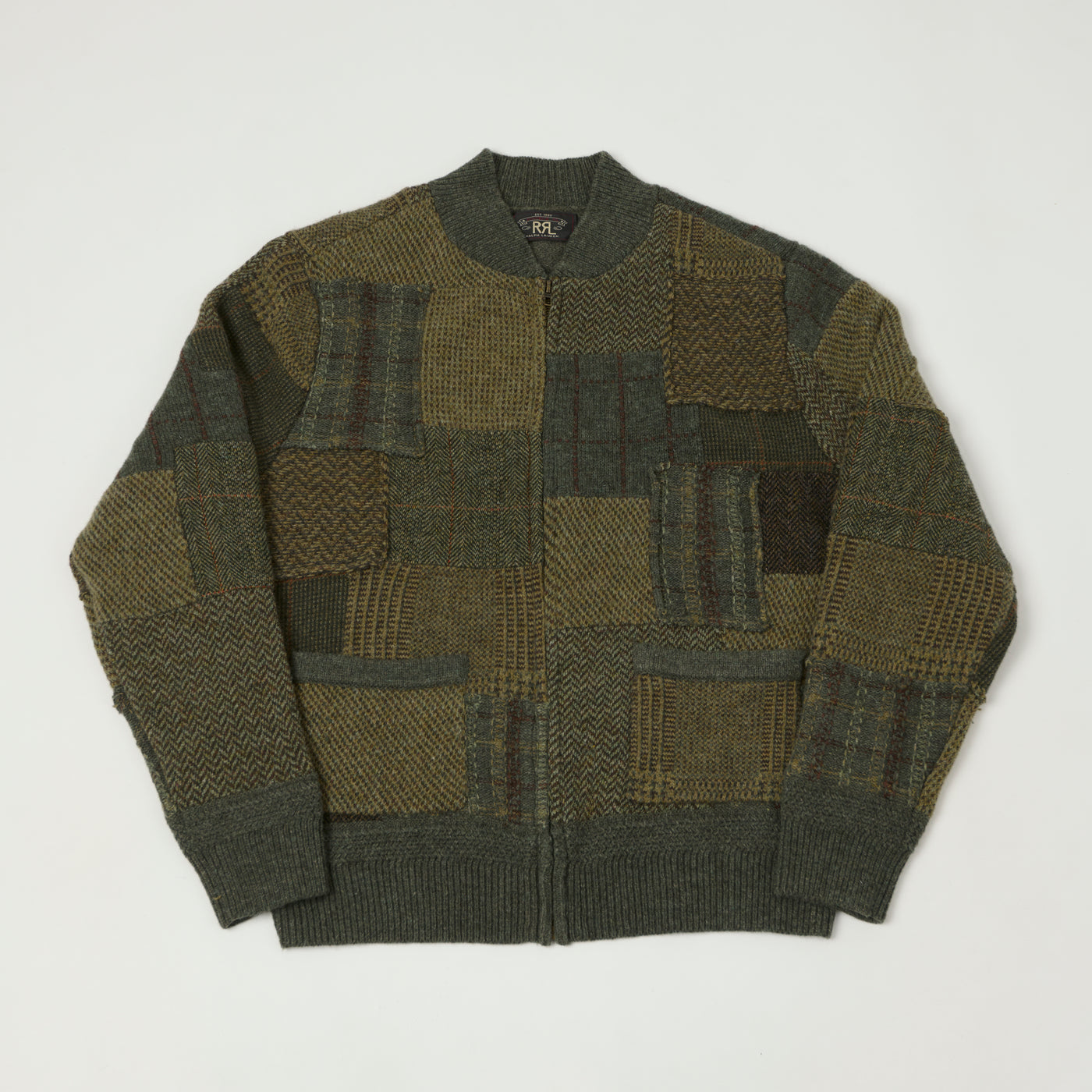 RRL Full Zip Patchwork Sweater - Farm Olive