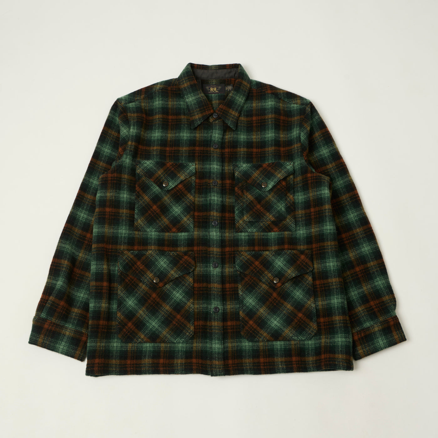 RRL Wool Twill Plaid Overshirt - Green