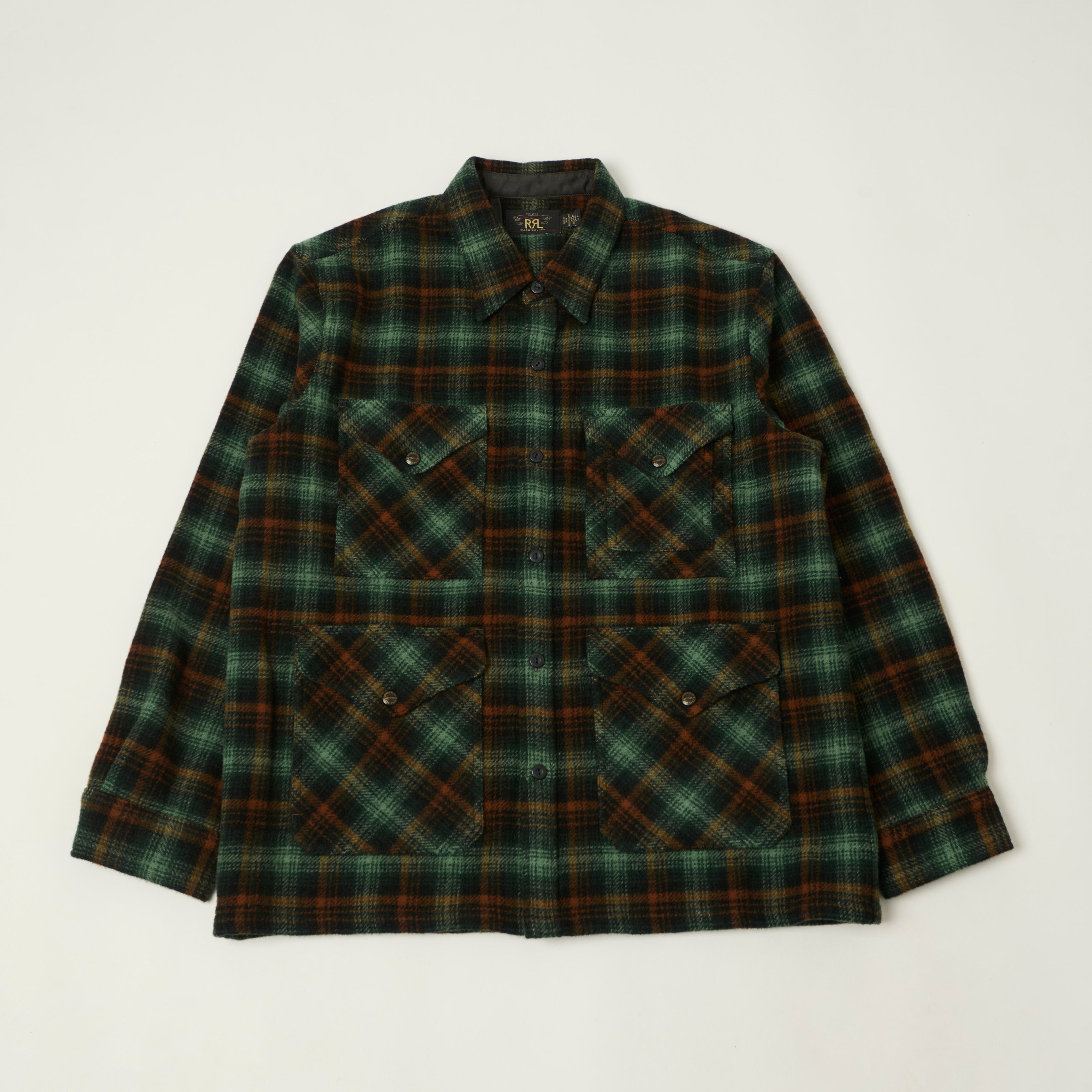 RRL Wool Twill Plaid Overshirt - Green