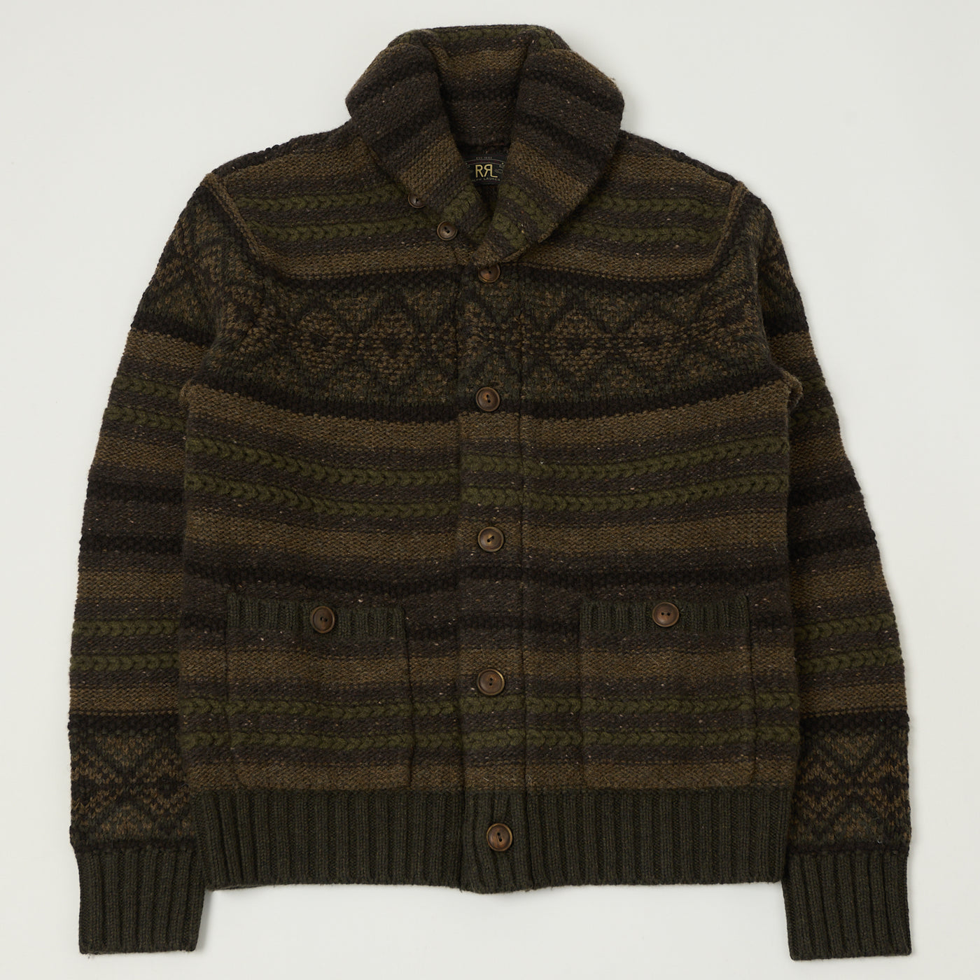 RRL Wool Shawl Collar Cardigan - Brown/Olive