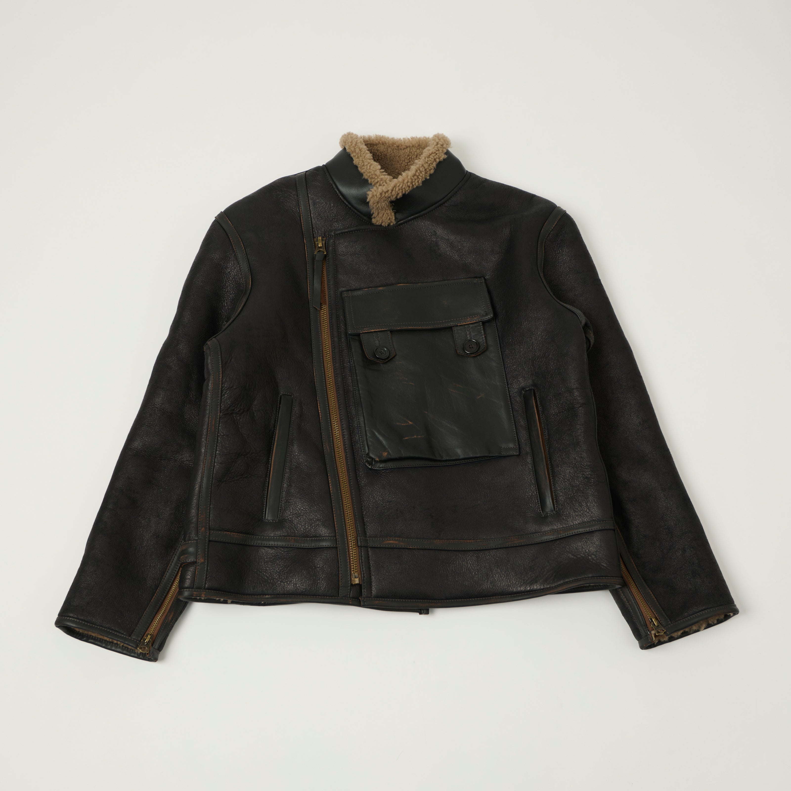 Shangri-La Heritage Swedish Motorcycle Shearling Jacket - Vintage Black