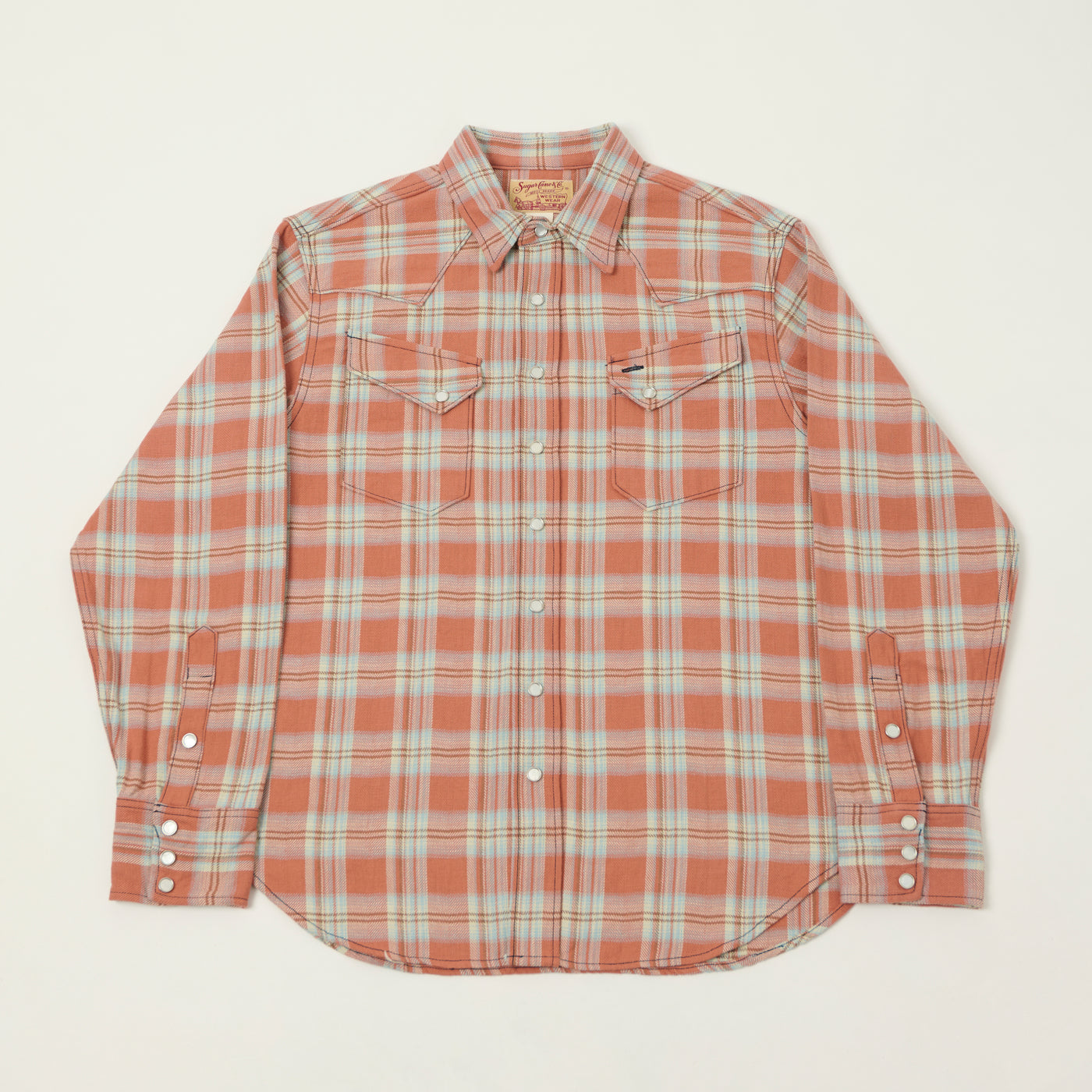 Sugar Cane Herringbone Check Western Shirt - Red/Grey
