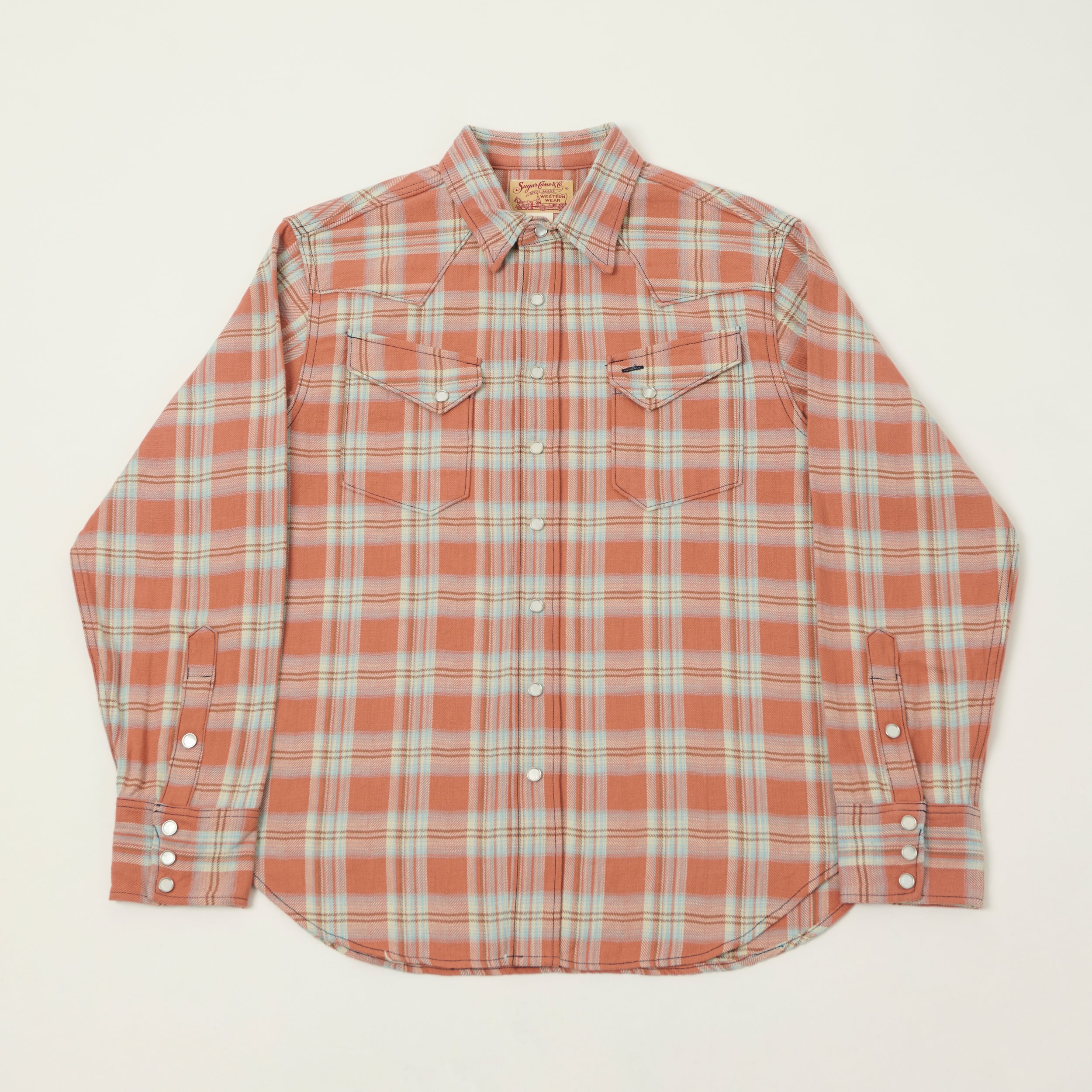 Sugar Cane Herringbone Check Western Shirt - Red/Grey