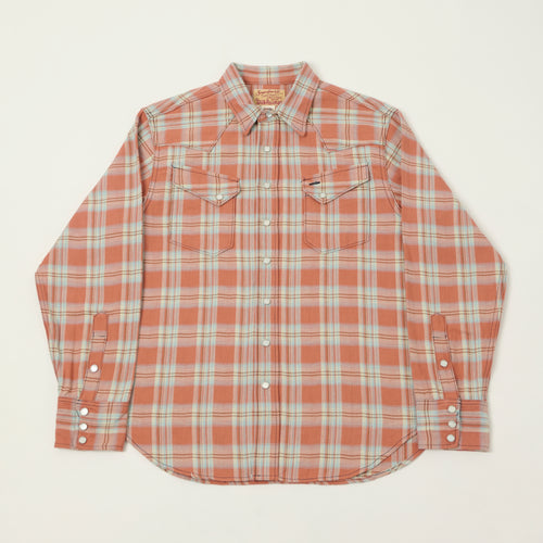Sugar Cane Herringbone Check Western Shirt - Red/Grey