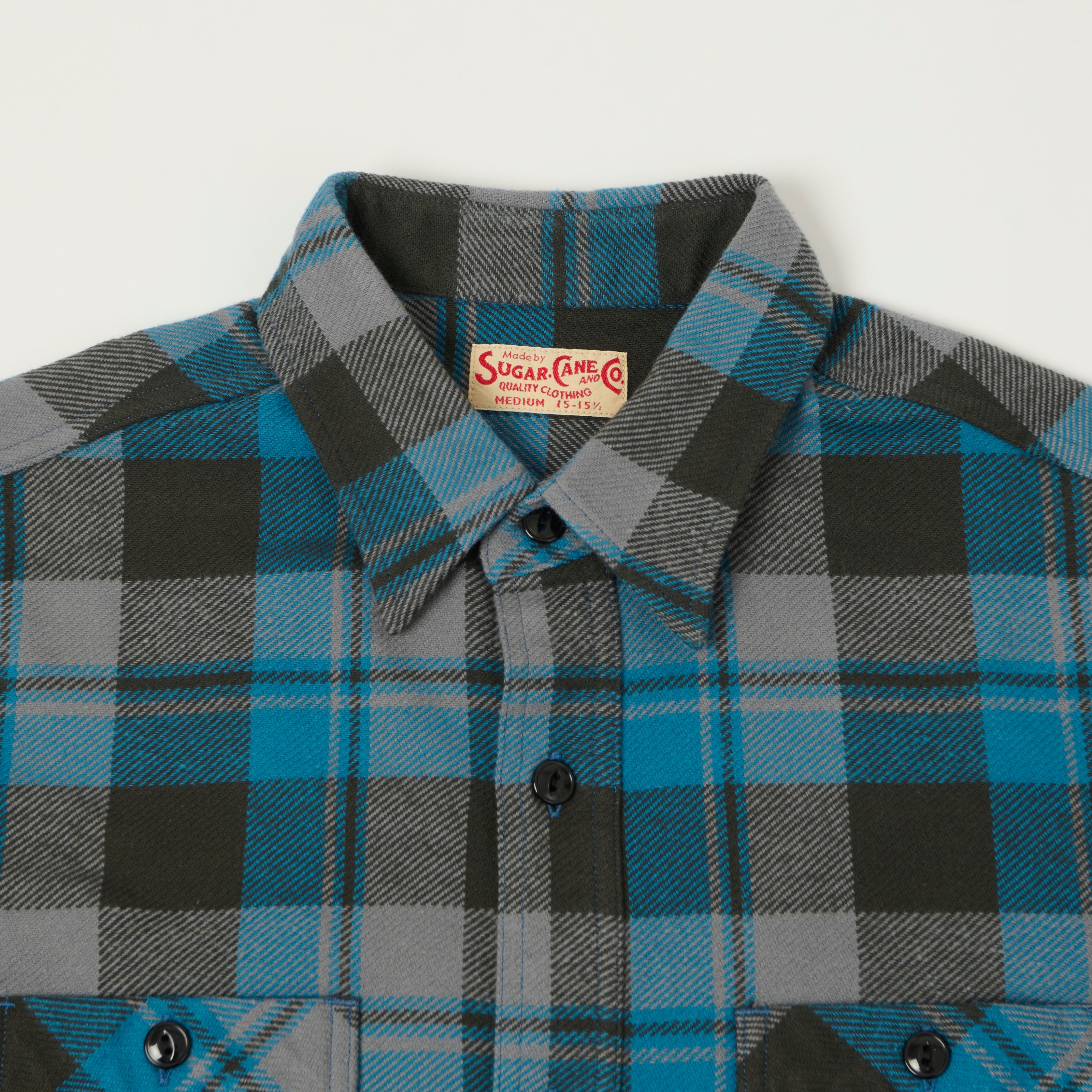 Sugar Cane 1960s Twill Check Work Shirt - Blue/Grey
