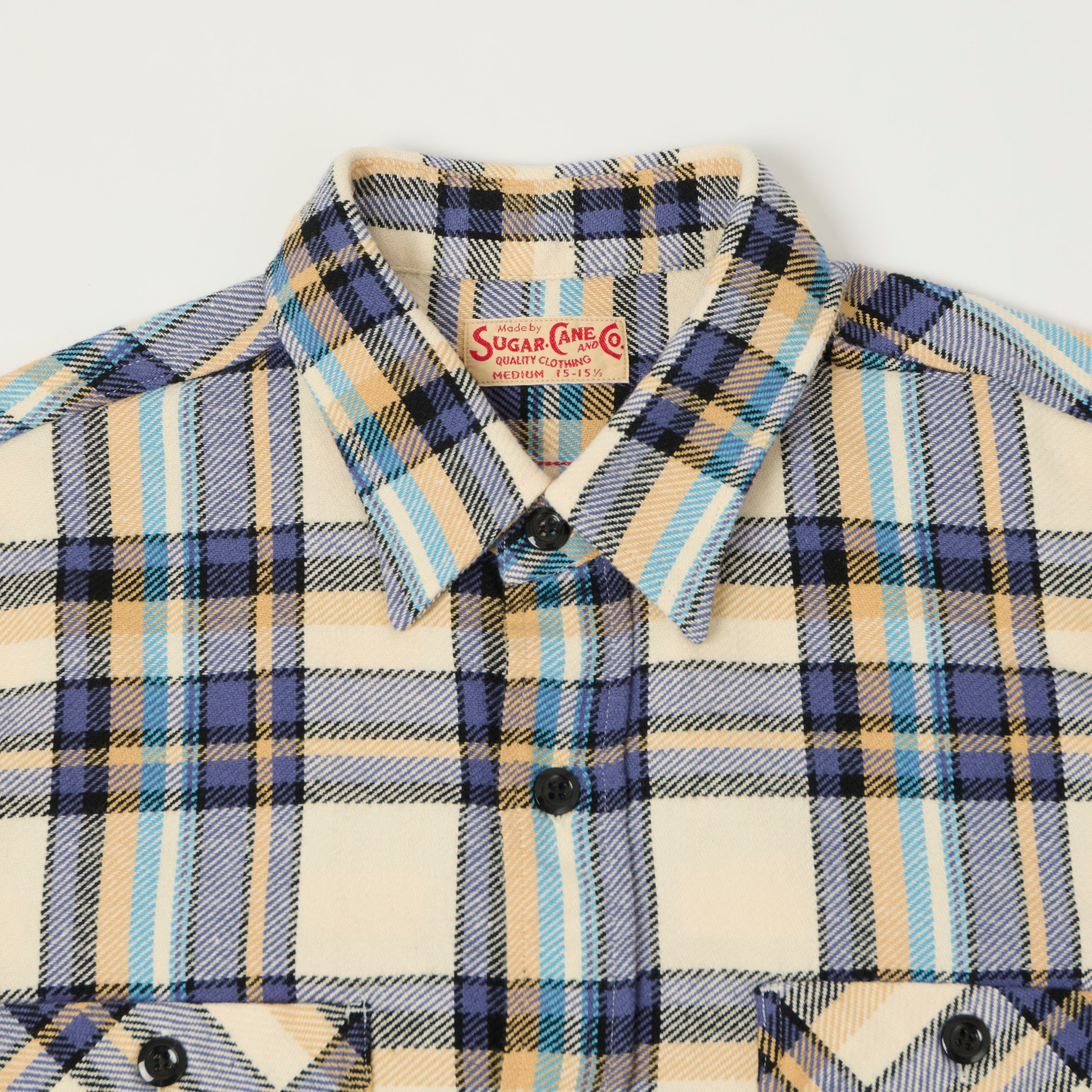 Sugar Cane Large Check Work Shirt - Off White/Blue