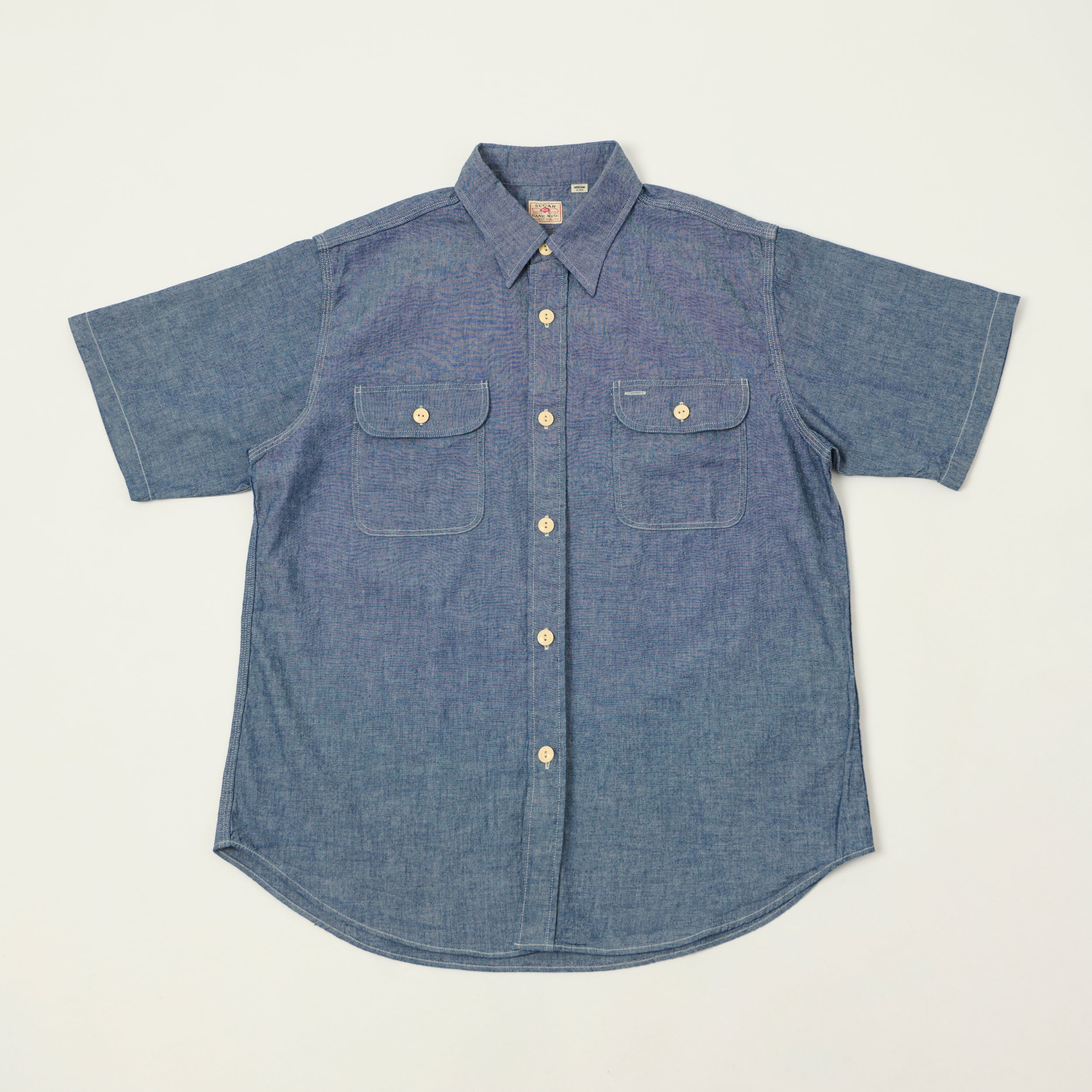 Sugar Cane Short Sleeve Chambray Work Shirt - Navy