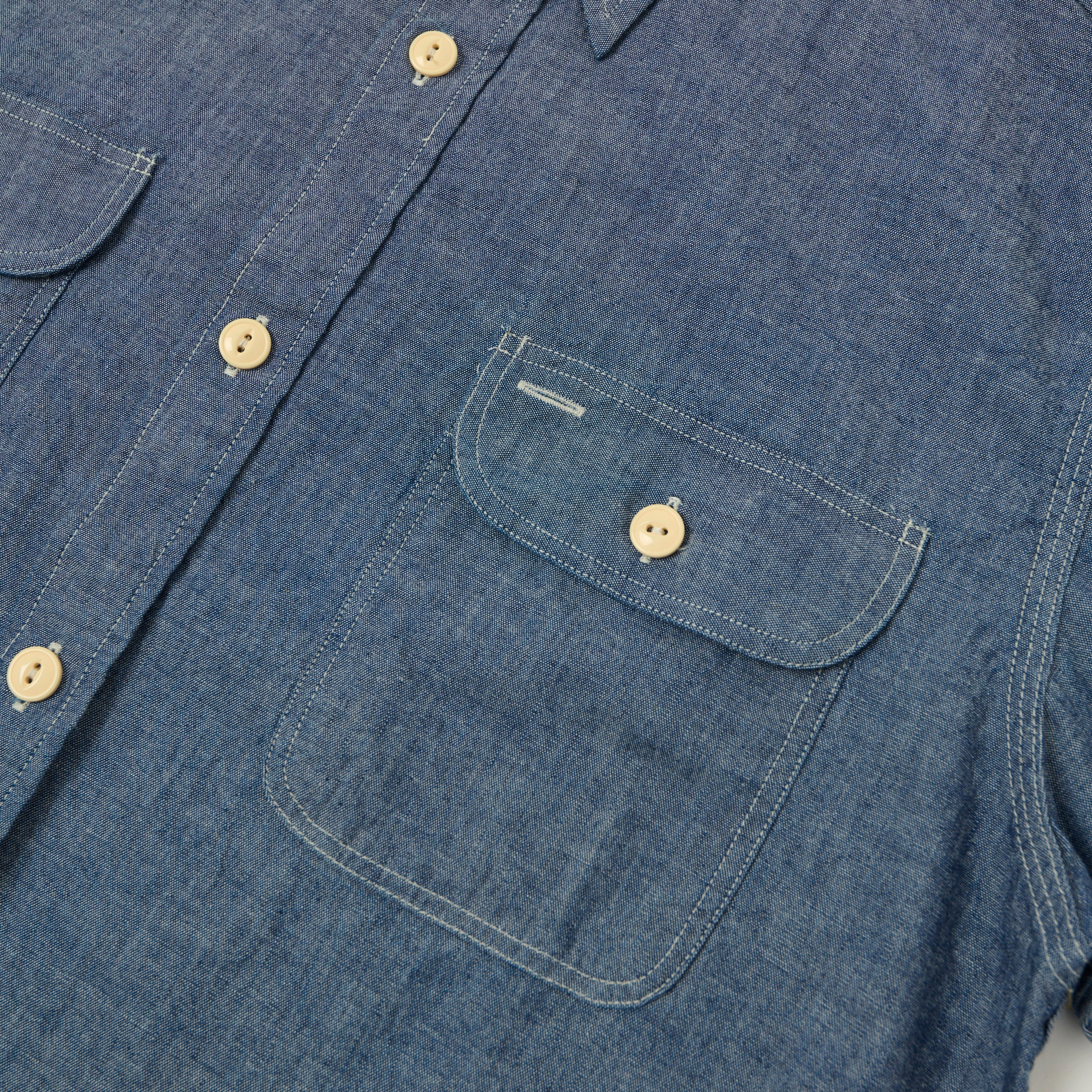Sugar Cane Short Sleeve Chambray Work Shirt - Navy
