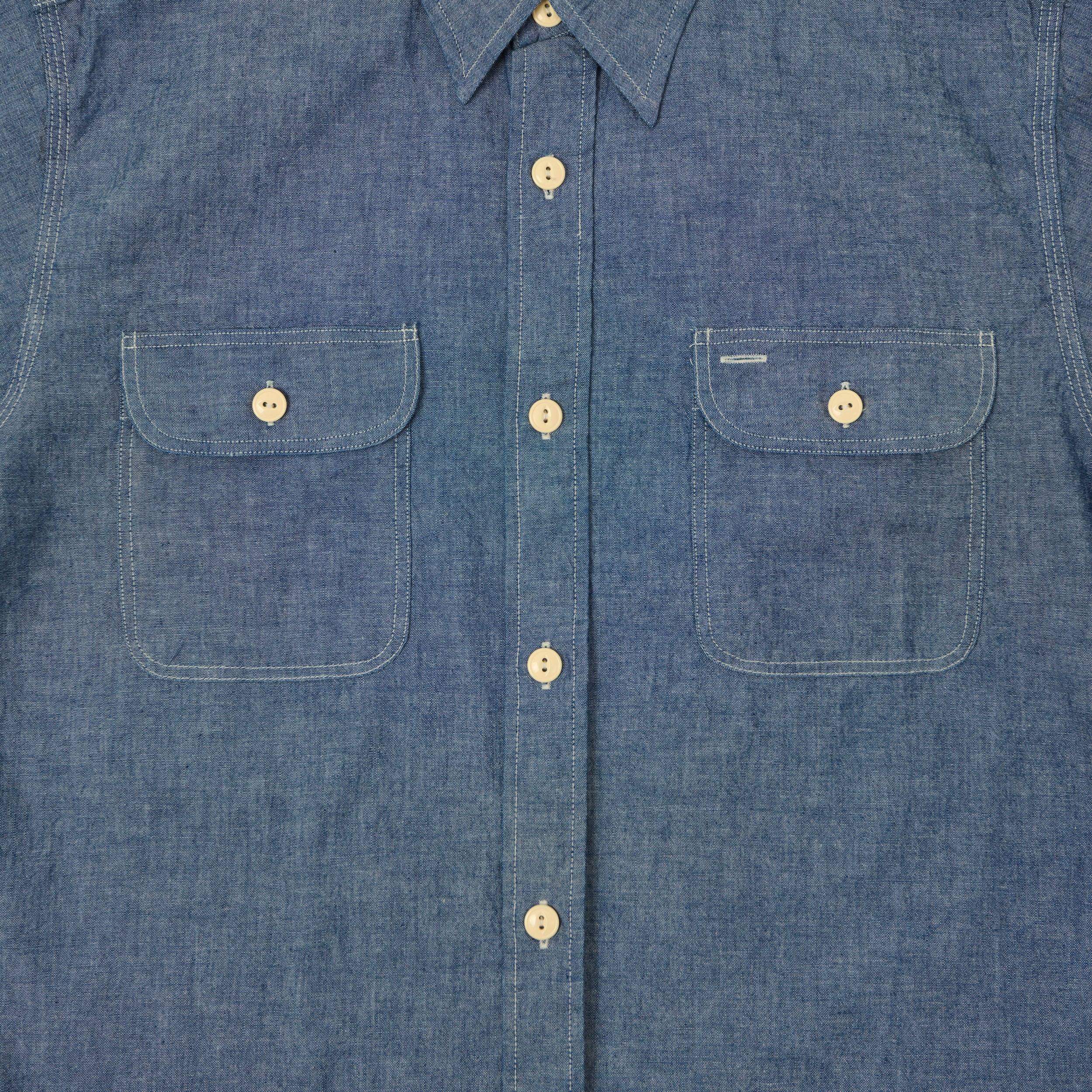 Sugar Cane Short Sleeve Chambray Work Shirt - Navy