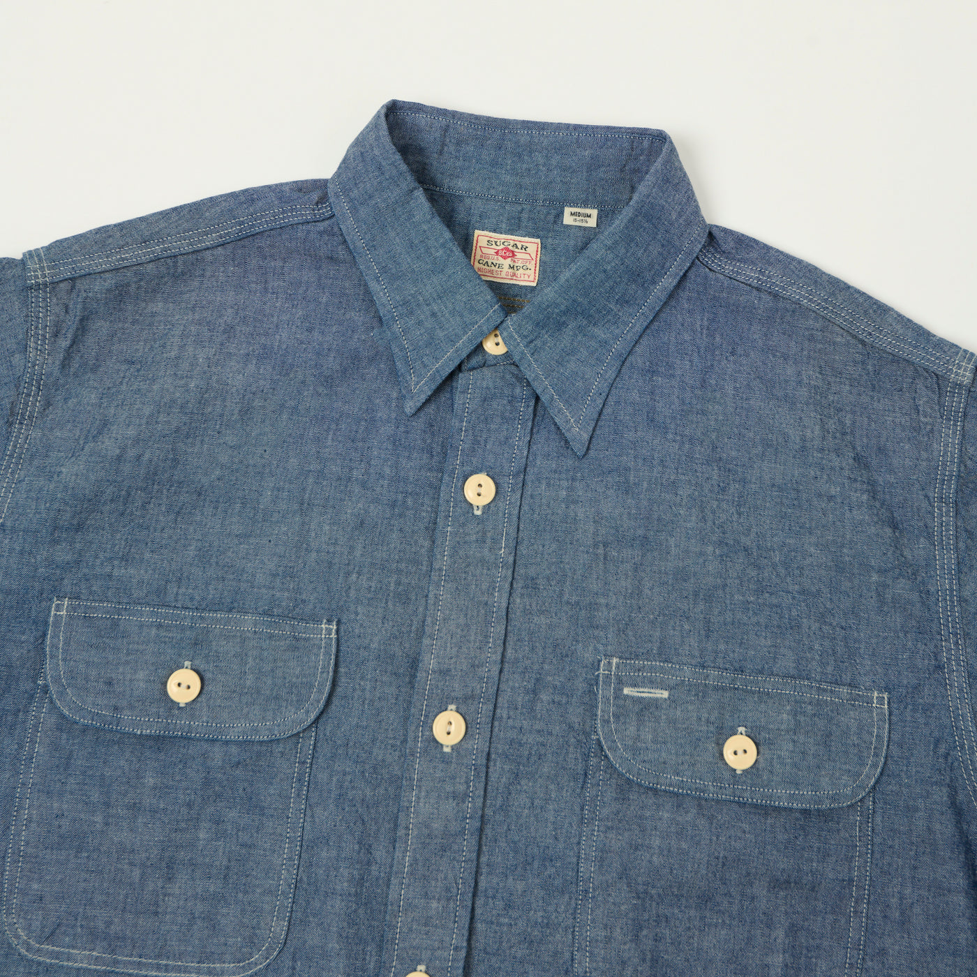 Sugar Cane Short Sleeve Chambray Work Shirt - Navy
