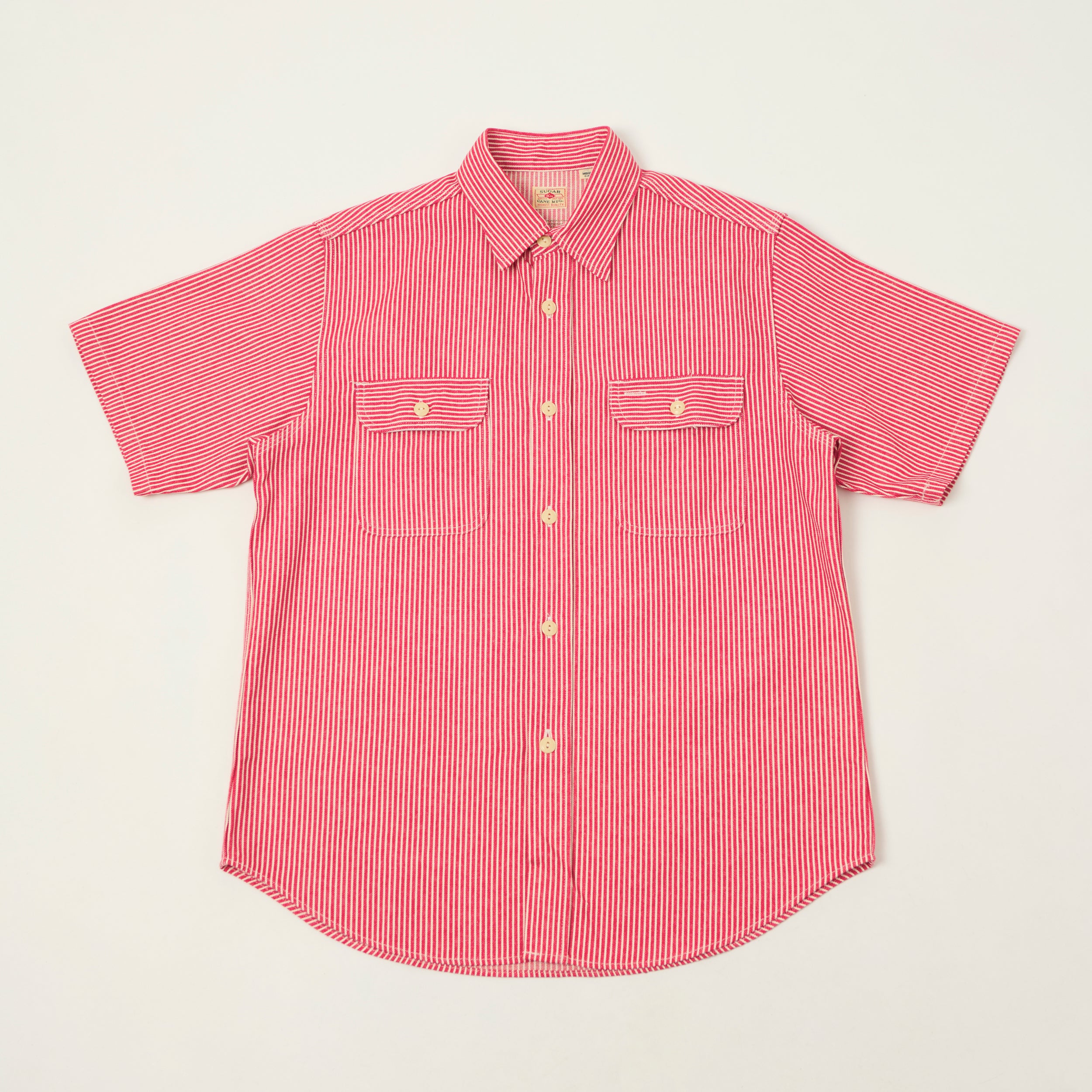 Sugar Cane Short Sleeve Hickory Stripe Work Shirt - Red