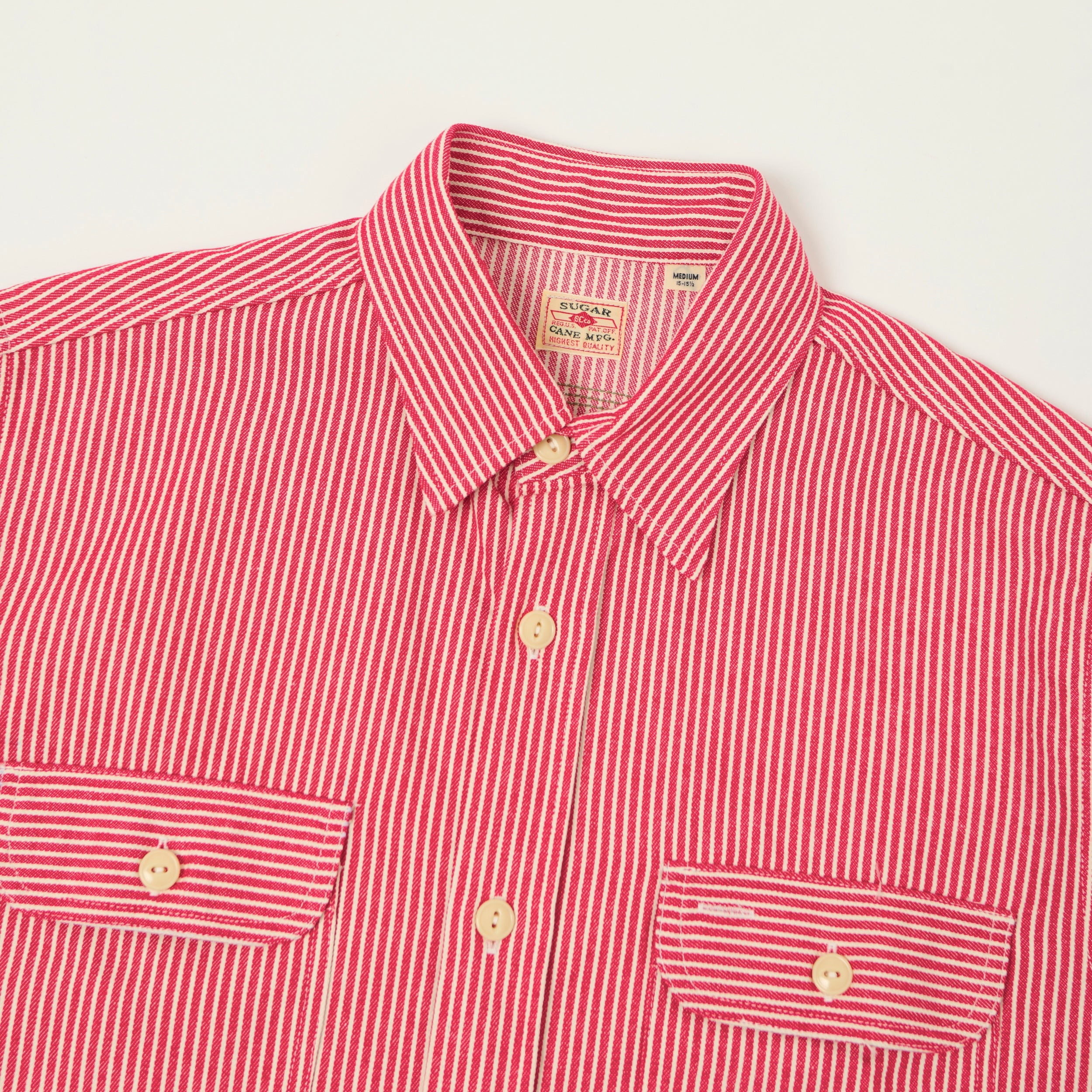 Sugar Cane Short Sleeve Hickory Stripe Work Shirt - Red