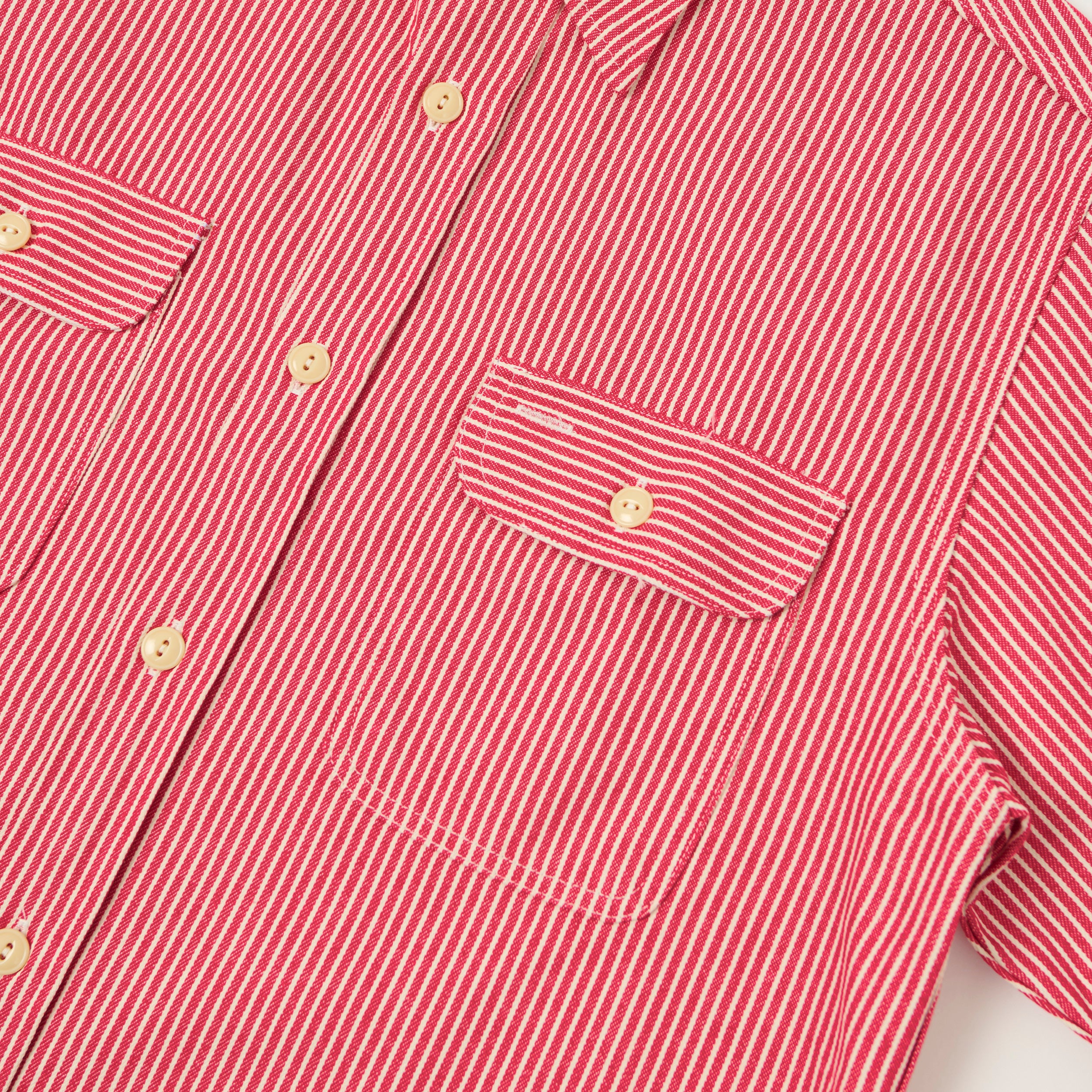 Sugar Cane Short Sleeve Hickory Stripe Work Shirt - Red