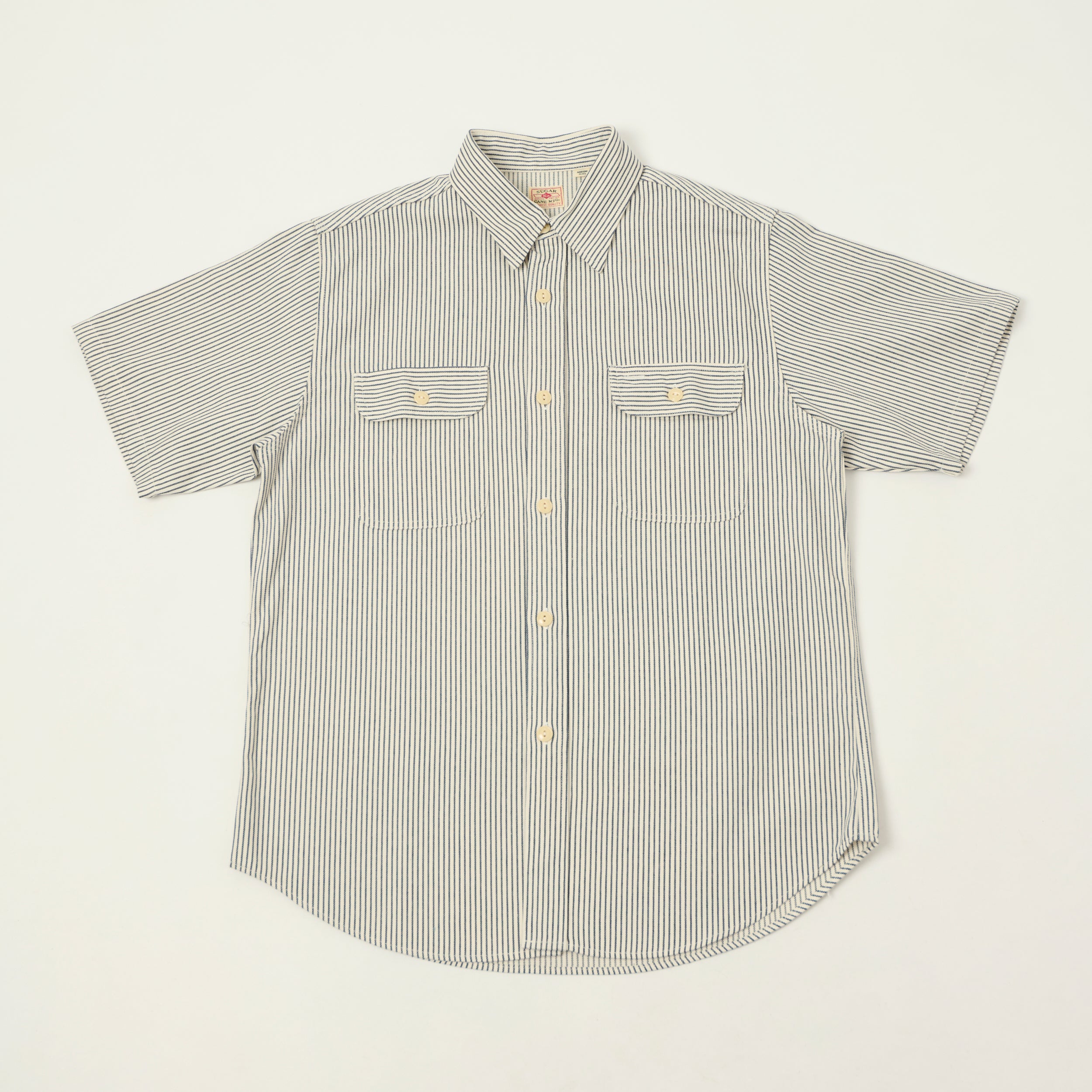 Sugar Cane Short Sleeve Hickory Stripe Work Shirt - White