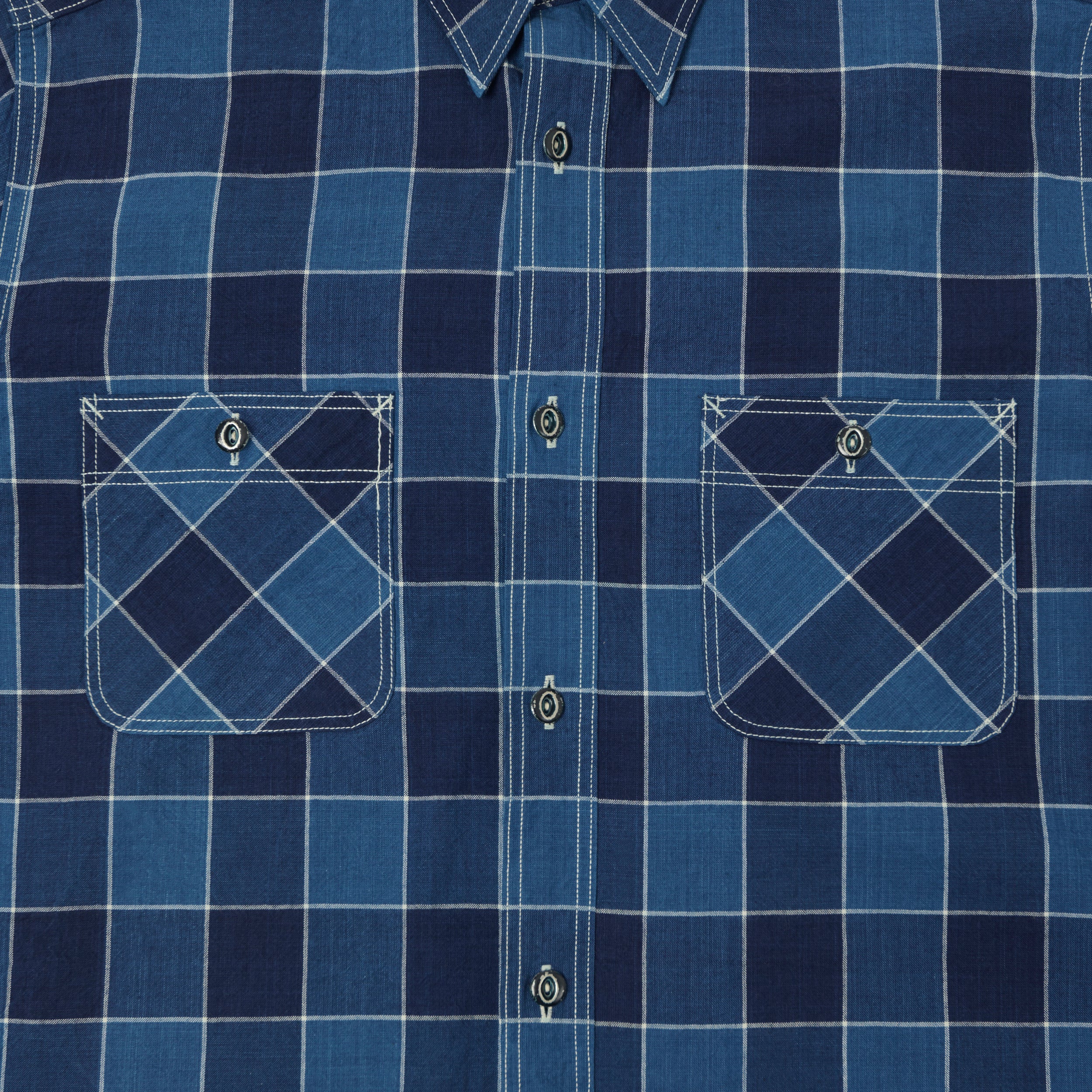 Sugar Cane Short Sleeve Plaid Work Shirt - Indigo