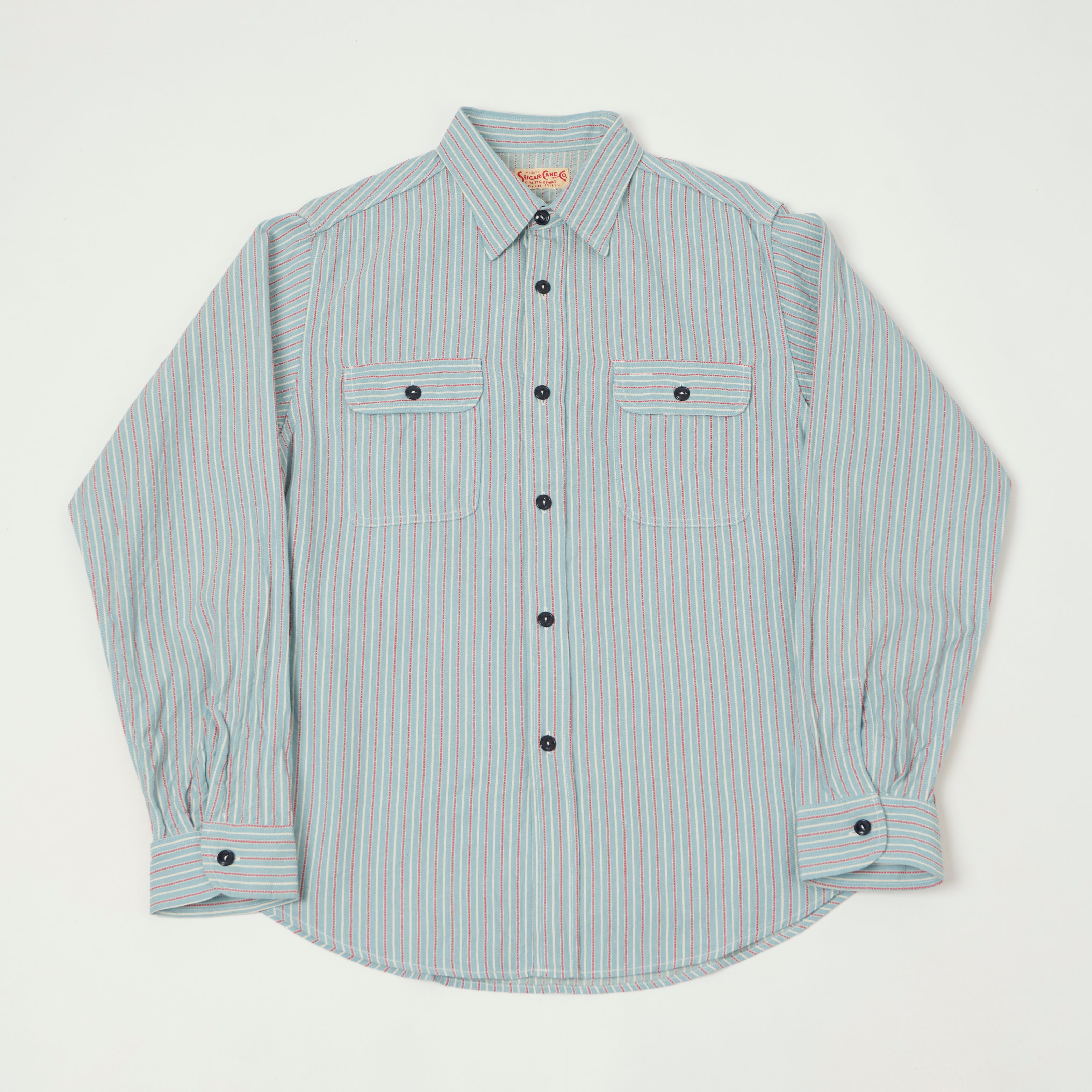 Sugar Cane Dobby Stripe Work Shirt - Blue/Red