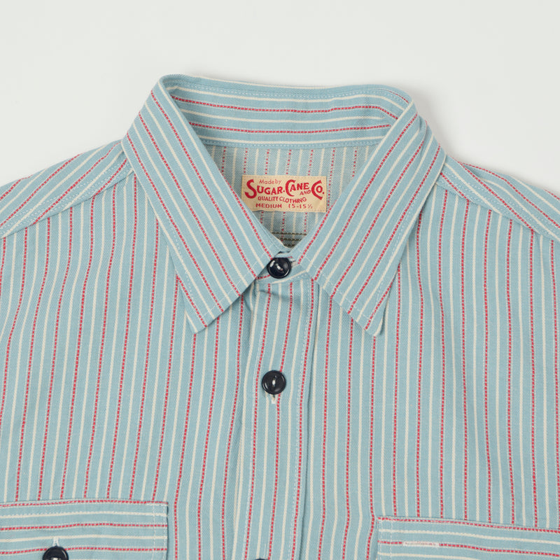 Sugar Cane Dobby Stripe Work Shirt - Blue/Red