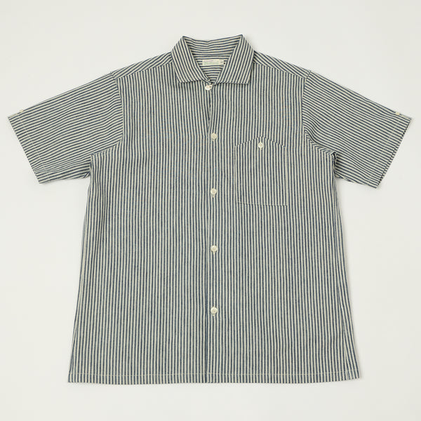 Warehouse & Co 3091 S/S Open Collar Stripe Shirt - White/Navy