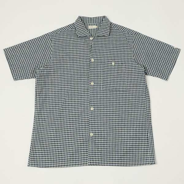 Warehouse & Co 3091 S/S Open Collar 'Small Gingham' Shirt - White/Navy
