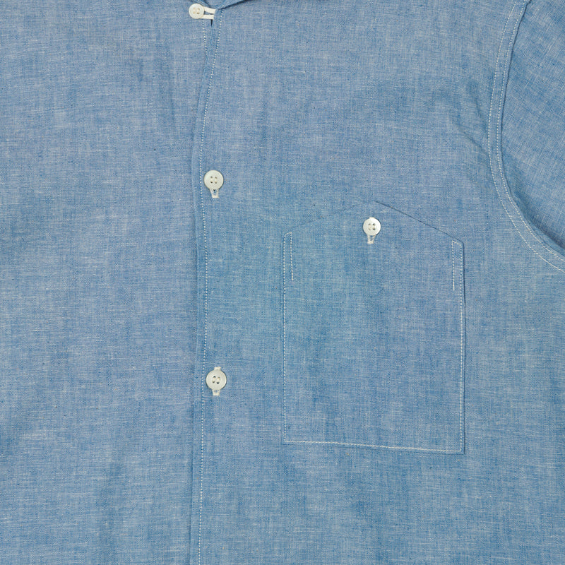 Warehouse 3091 S/S Open Collar Shirt - Chambray Blue