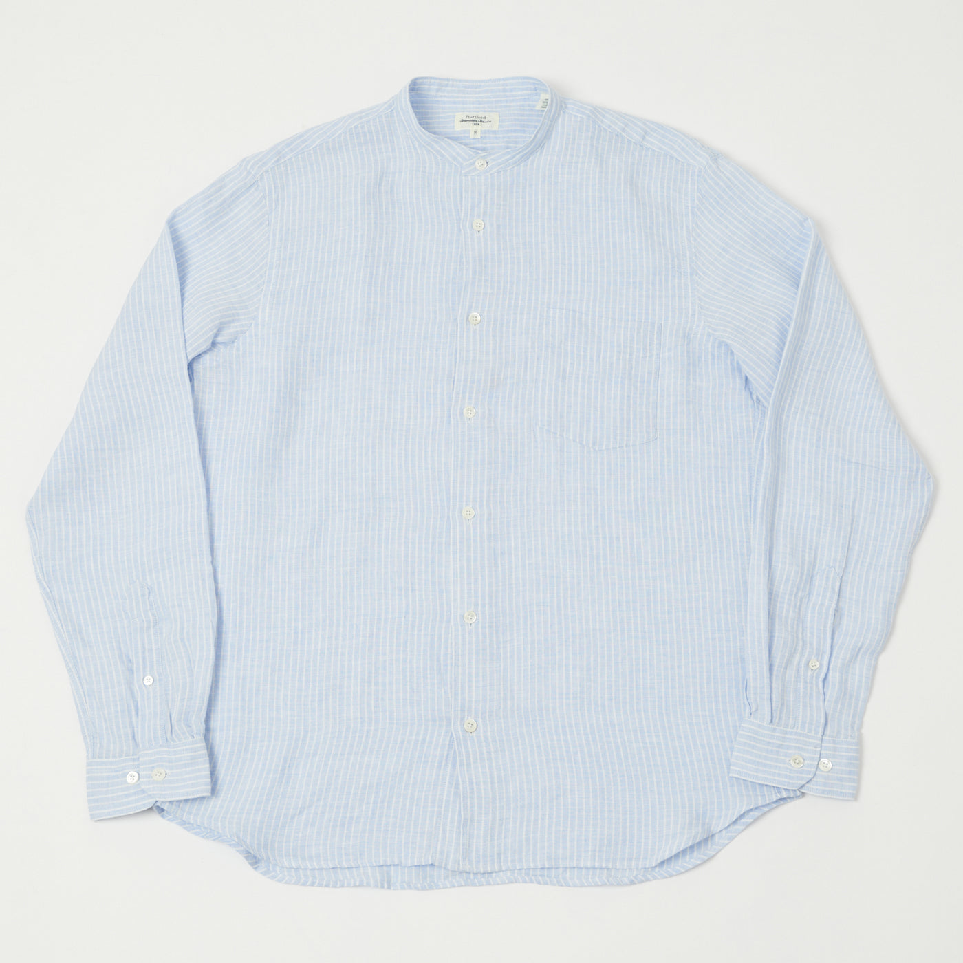 Hartford 'Premium Pat' Grandad-Collar Linen Shirt - Blue Stripe