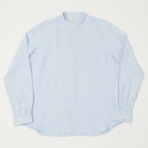 Hartford 'Premium Pat' Grandad-Collar Linen Shirt - Blue Stripe