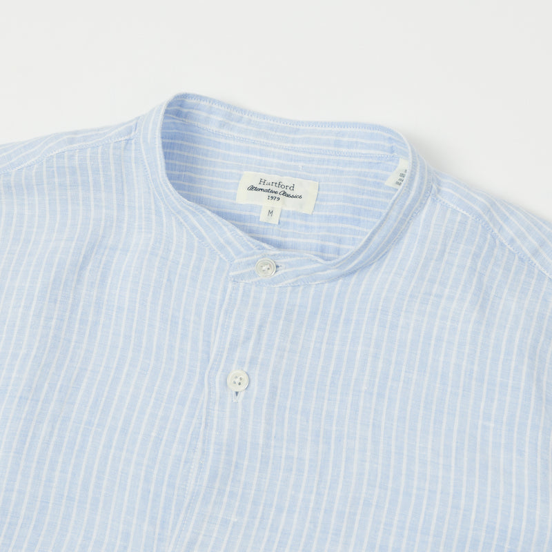 Hartford Premium Pat Grandad-Collar Linen Shirt - Blue Stripe