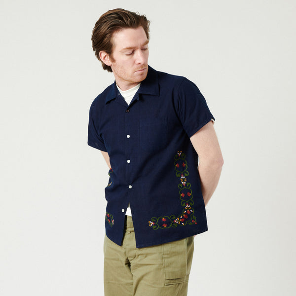 Kardo Chintan Open Collar Embroidered Shirt - Indigo