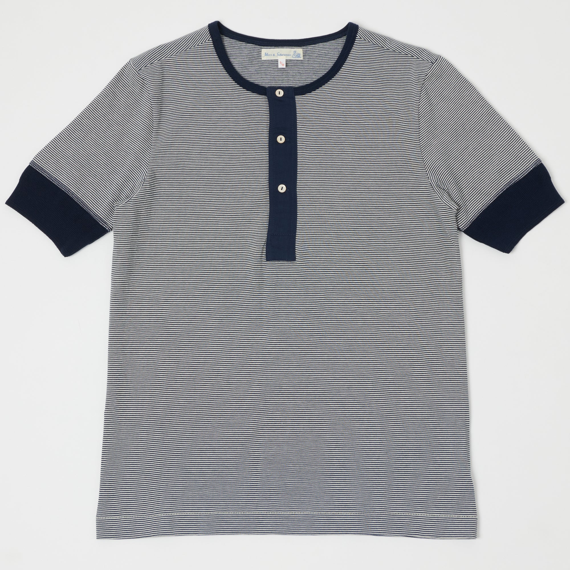 Merz b. Schwanen 227 Short Sleeve Striped Henley - Ink Blue/Nature