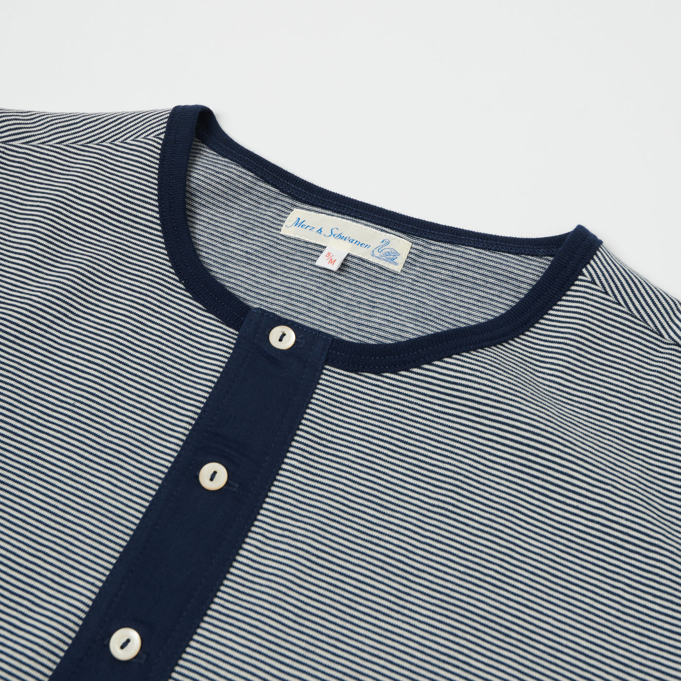 Merz b. Schwanen 227 Short Sleeve Striped Henley - Ink Blue/Nature