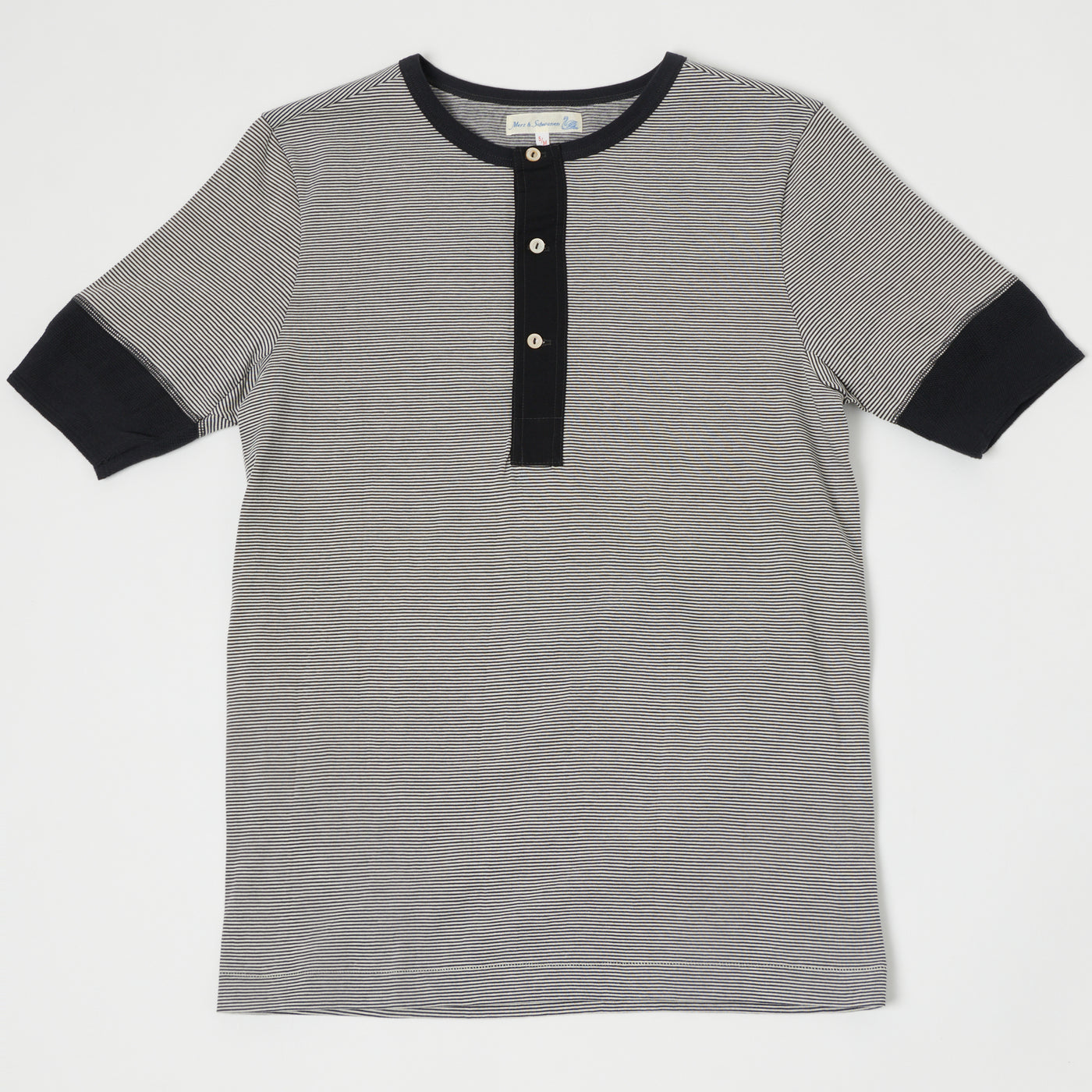 Merz b. Schwanen 227 Short Sleeve Striped Henley - Charcoal/Nature