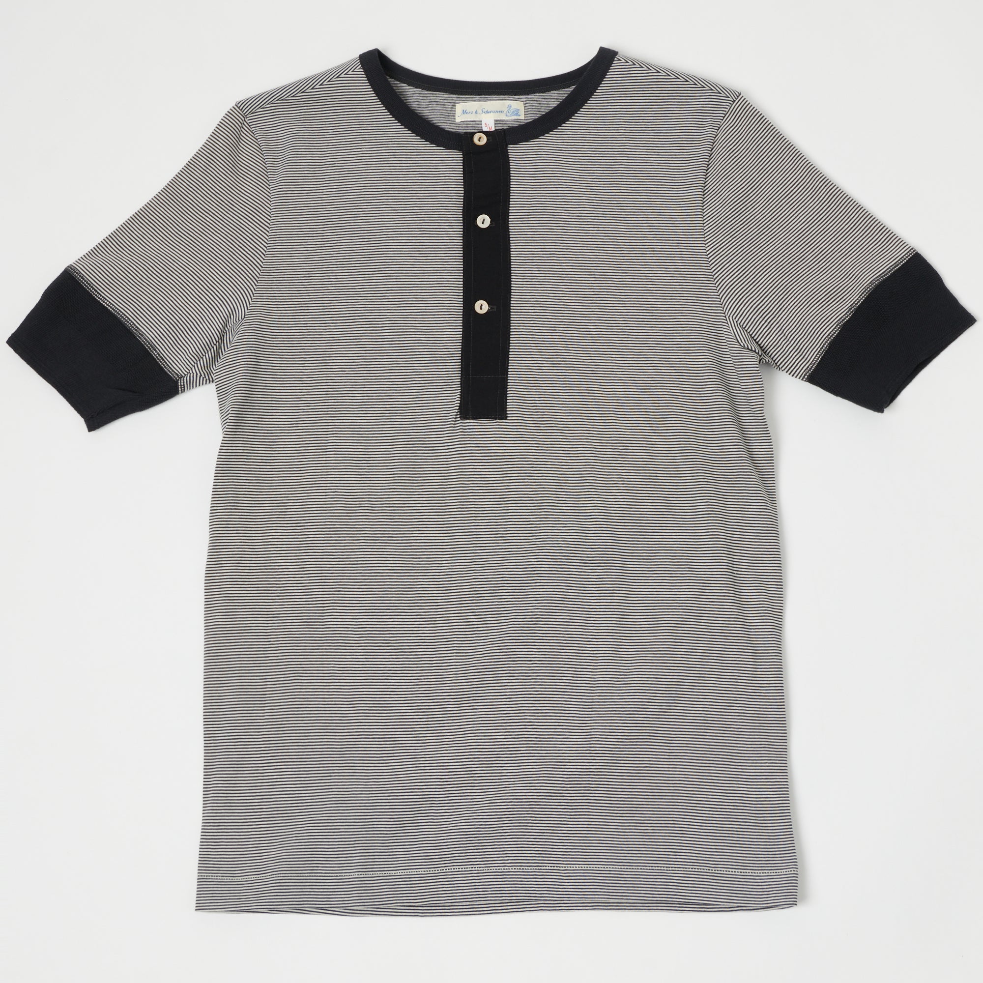 Merz b. Schwanen 227 Short Sleeve Striped Henley - Charcoal/Nature